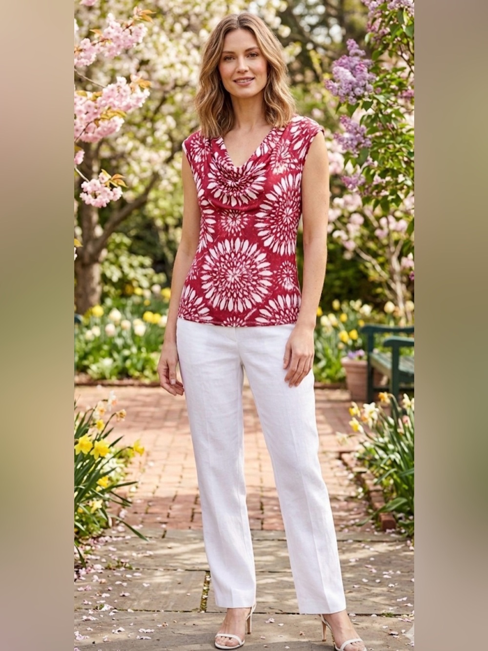 Michael Kors Red & White Draped Cowl Neck Tank